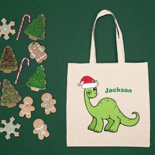 Cute Christmas Dinosaur Custom Green Kids Name Tote Bag