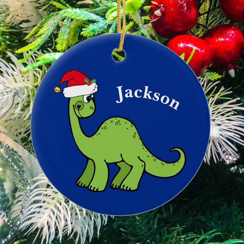 Cute Christmas Dinosaur Custom Kids Blue Ceramic Ornament