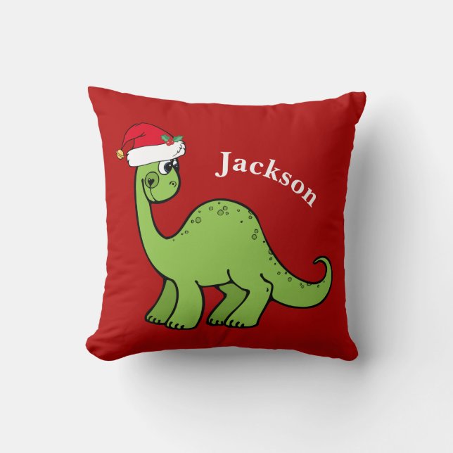 Cute Christmas Dinosaur Custom Red Kids Throw Pillow (Front)