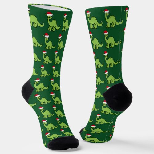 Cute Christmas Dinosaur Green Holiday Socks
