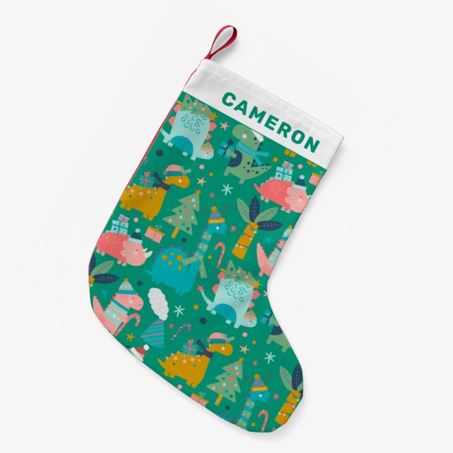 Cute Christmas Dinosaur Pattern Green Personalized Small Christmas Stocking (Front (Hanging))