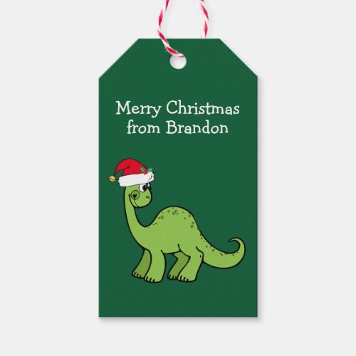 Cute Christmas Dinosaur Santa Custom Green Party Gift Tags