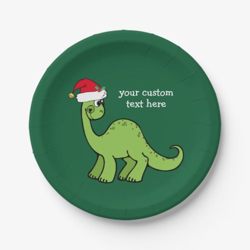 Cute Christmas Dinosaur Santa Custom Green Party Paper Plates