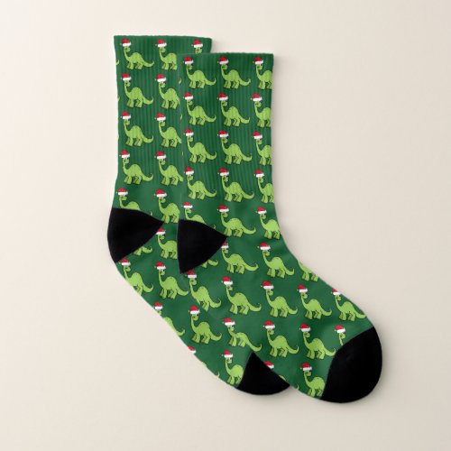 Cute Christmas Dinosaur Santa Hat Green Holiday Socks