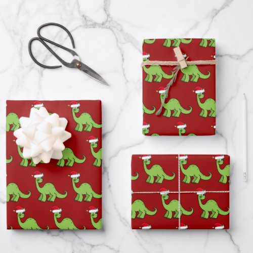 Cute Christmas Dinosaur Santa Red Kids Holiday Wrapping Paper Sheets
