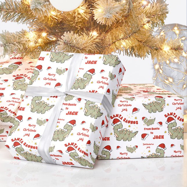 Cute Christmas Dinosaur Santasaurus Name Wrapping Paper (Cute Christmas Dinosaur Santasaurus Name Wrapping Paper)