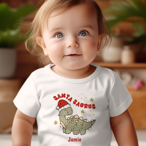 Cute Christmas Dinosaur Santasaurus Retro Name Baby T_Shirt