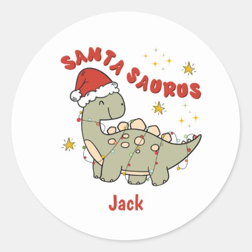 Cute Christmas Dinosaur Santasaurus Retro Name Classic Round Sticker