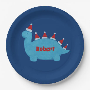 Cute Christmas Dinosaurs Festive Holiday Name Paper Plates