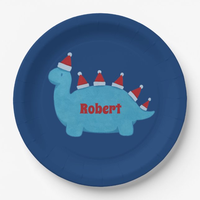 Cute Christmas Dinosaurs Festive Holiday Name Paper Plates (Front)