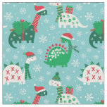 Cute Christmas Dinosaurs on blue Fabric