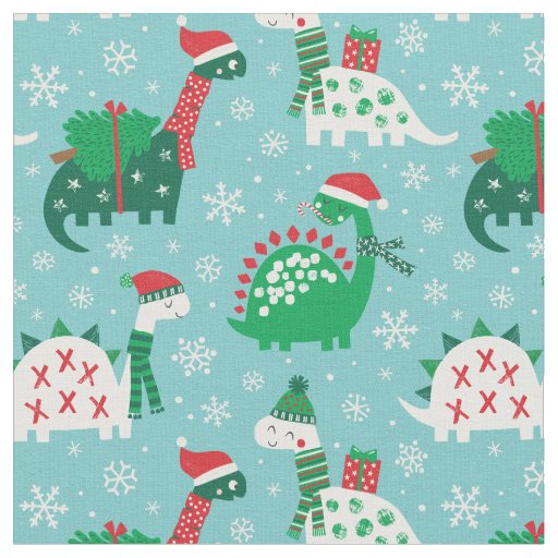 Cute Christmas Dinosaurs on blue Fabric