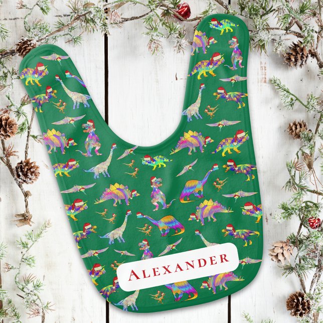 Cute Christmas Dinosaurs Personalized Name Baby Bib (Merry and bright colorful cute dinosaur Christmas personalized baby bib)