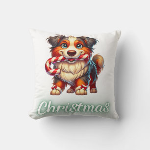 Cute Christmas Dog Australian Shepherd Throw Pillow