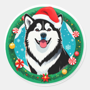 Cute Christmas Dog Festive Christmas Circle Classic Round Sticker