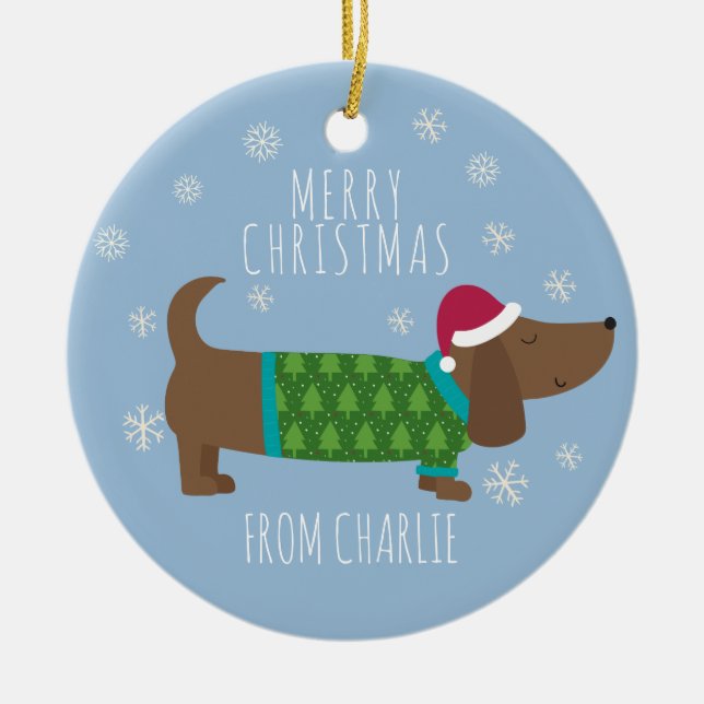 Cute Christmas Dog Photo Ceramic Ornament (Front)
