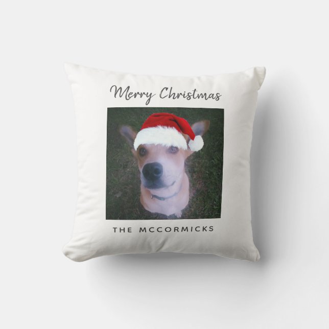 Cute Christmas Dog Photo Family Personalized Name Throw Pillow (Front)