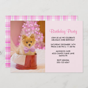 Cute Christmas Dog Photo with Pink Bow Birthday Invitation