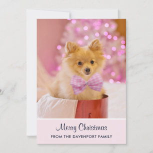 Cute Christmas Dog Photo with Pink Bow & Tree Holiday Card