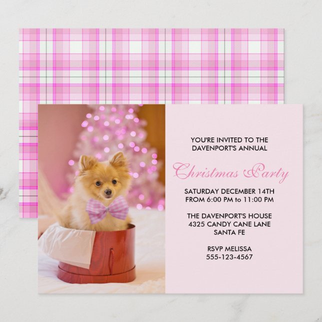 Cute Christmas Dog Photo with Pink Bow & Tree Invitation (Front/Back)