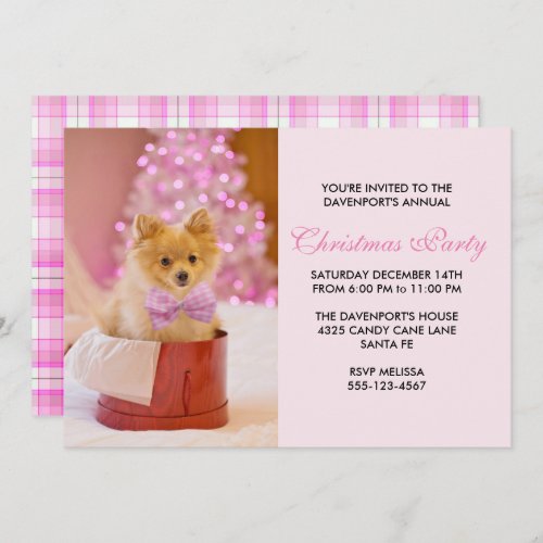 Cute Christmas Dog Photo with Pink Bow  Tree Invitation