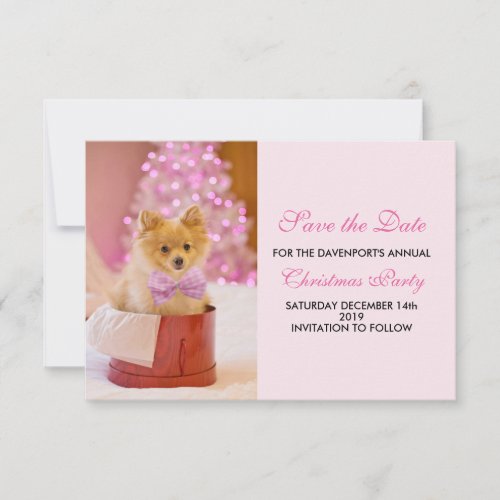 Cute Christmas Dog Photo with Pink Bow  Tree Save The Date