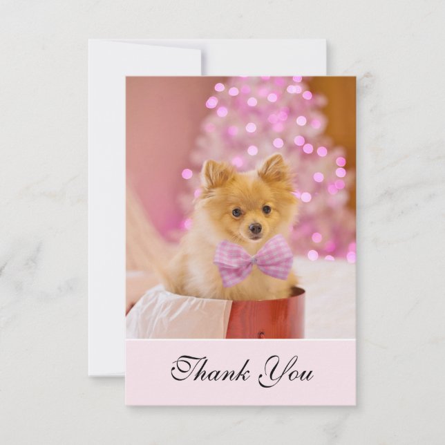 Cute Christmas Dog Photo with Pink Bow & Tree Thank You Card (Front)