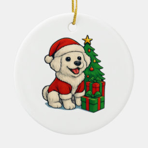 Cute Christmas Dog, Santa Hat Dog, With Christmas Ceramic Ornament