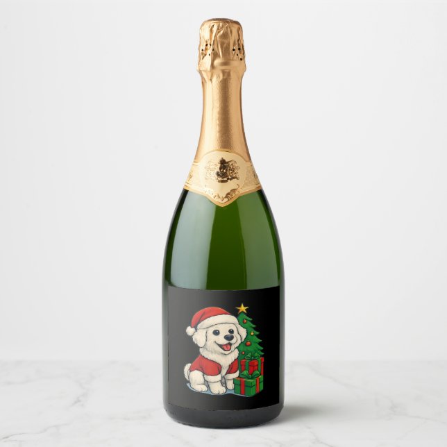 Cute Christmas Dog, Santa Hat Dog, With Christmas  Sparkling Wine Label (Front)