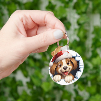 Cute Christmas Dog through wall illustrated Keychain