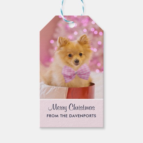 Cute Christmas Dog with Pink Bow Photo Gift Tags