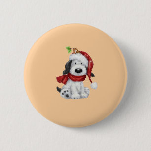 Cute Christmas Dog with Santa Hat & Scarf Button