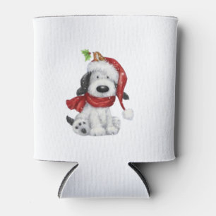 Cute Christmas Dog with Santa Hat & Scarf Can Cooler