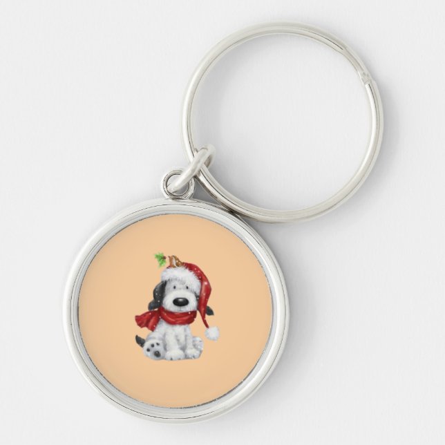 Cute Christmas Dog with Santa Hat & Scarf Keychain (Front)