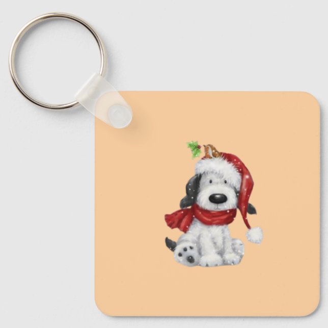 Cute Christmas Dog with Santa Hat & Scarf Keychain (Front)