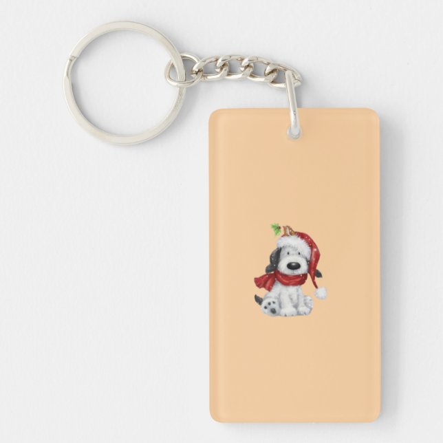 Cute Christmas Dog with Santa Hat & Scarf Keychain (Front)