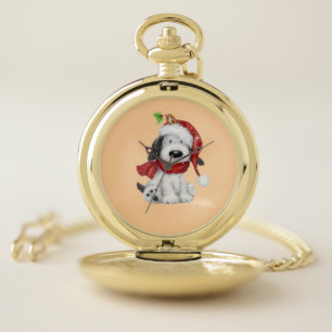 Cute Christmas Dog with Santa Hat & Scarf Pocket Watch