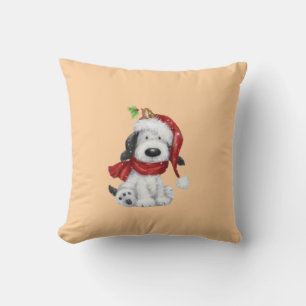 Cute Christmas Dog with Santa Hat & Scarf Throw Pillow