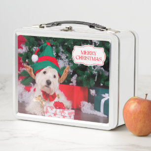 Cute Christmas Dog with Xmas Tree Metal Lunch Box