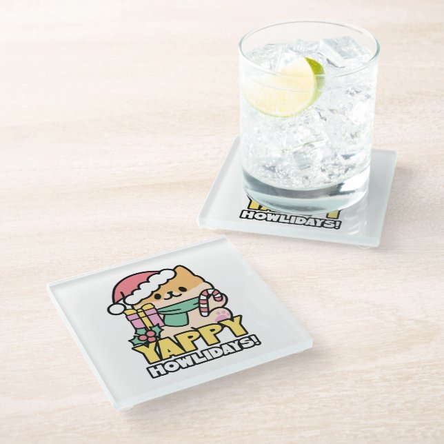 Cute Christmas Dog - Yappy Howlidays  Glass Coaster (Angled)