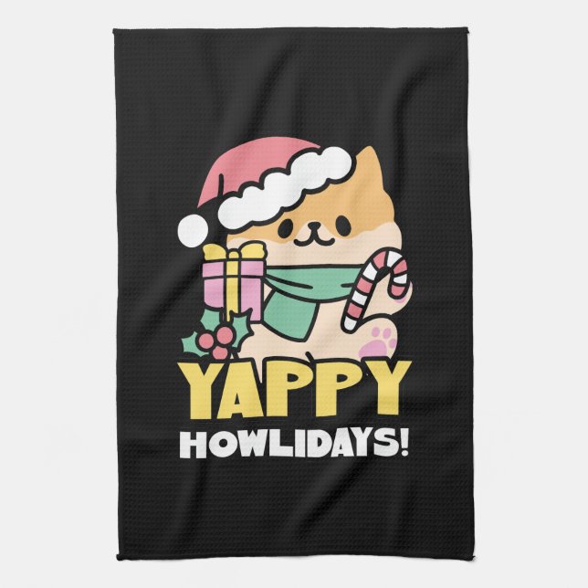 Cute Christmas Dog - Yappy Howlidays  Kitchen Towel (Vertical)