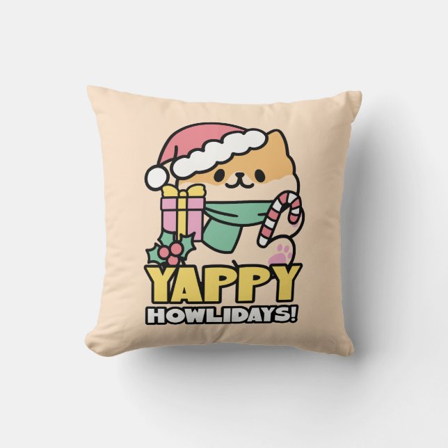 Cute Christmas Dog - Yappy Howlidays  Throw Pillow (Front)