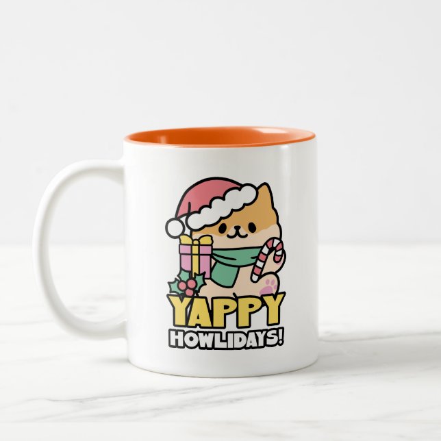 Cute Christmas Dog - Yappy Howlidays  Two-Tone Coffee Mug (Left)