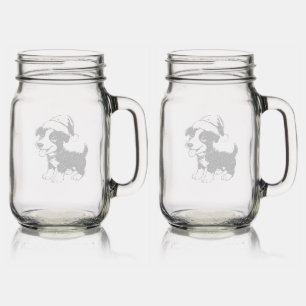 Cute Christmas Doggie in Santa Hat Mason Jar W/ Handle