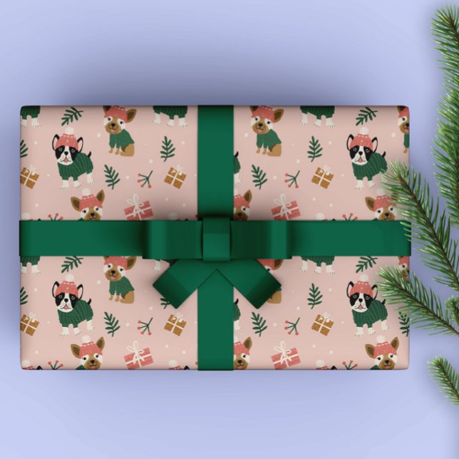 Cute Christmas Doggies with cozy sweaters Pink  Wrapping Paper (Pink Christmas wrapping paper featuring cute dogs with cozy sweaters and knitted beanies)