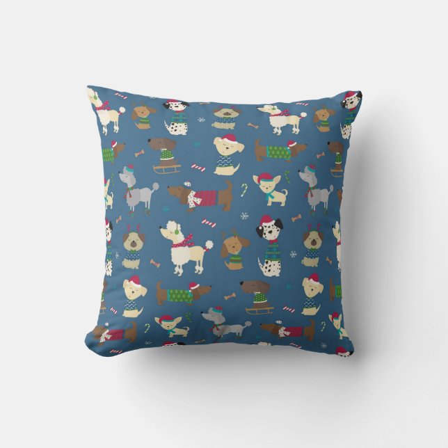 Cute Christmas Dogs Cartoon Pattern in Blue Throw Pillow (Front)