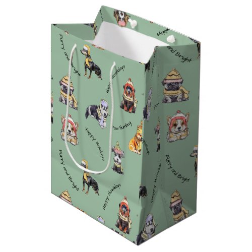 Cute Christmas Dogs Pattern Illustrated Holiday  Medium Gift Bag