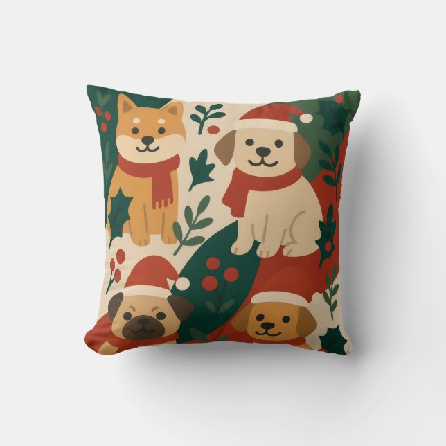 Cute Christmas Dogs Pillow – Holiday Puppy Decor (Front)