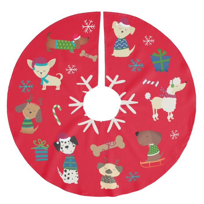 Cute Christmas Dogs Snowflakes Pattern Red Brushed Polyester Tree Skirt ...