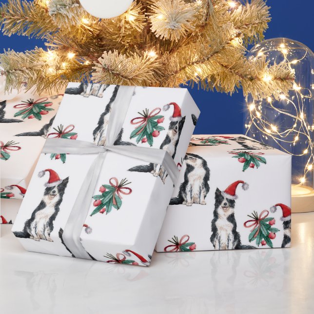 Cute Christmas Dogs with Santa Hats Holly Berry Wrapping Paper (Holidays)